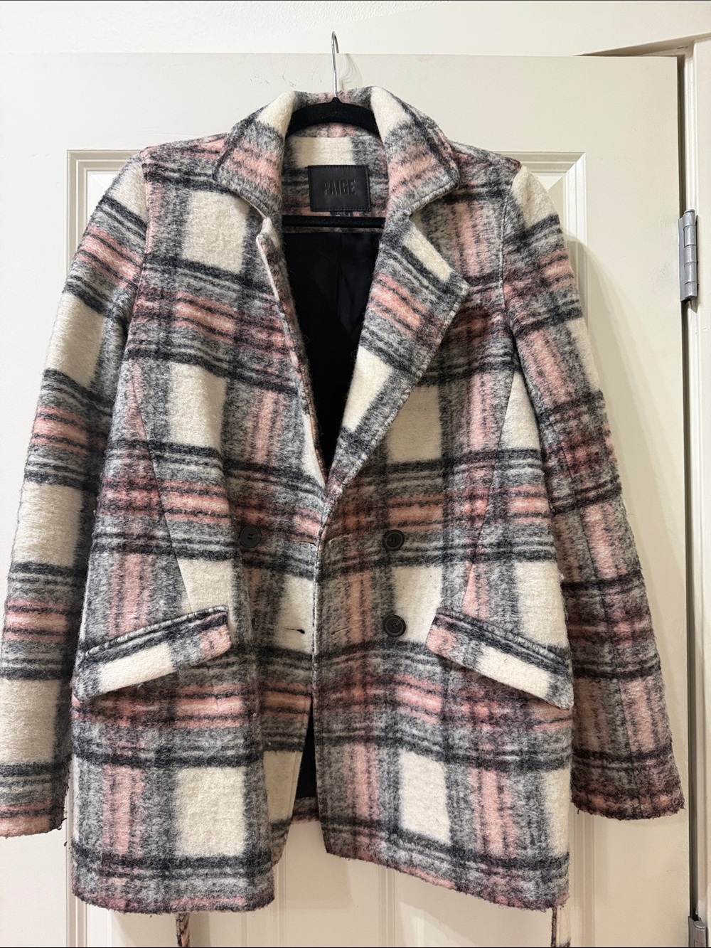 PAIGE Pink, Cream & Gray Plaid Wool-Blend Pea Coat